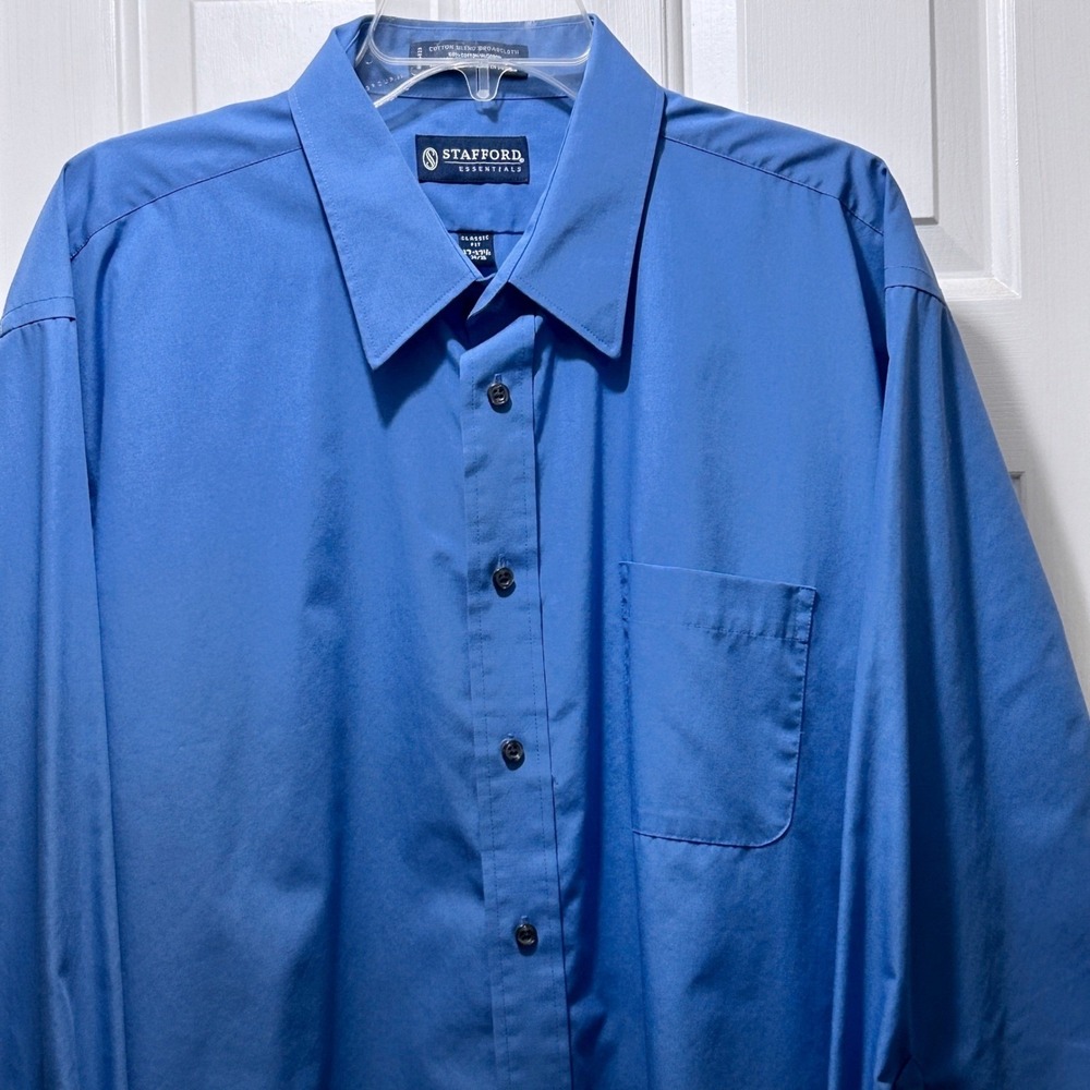Stafford Dress Shirt Mens 17-17.5 Blue Solid Classic Fit Essentials Professional